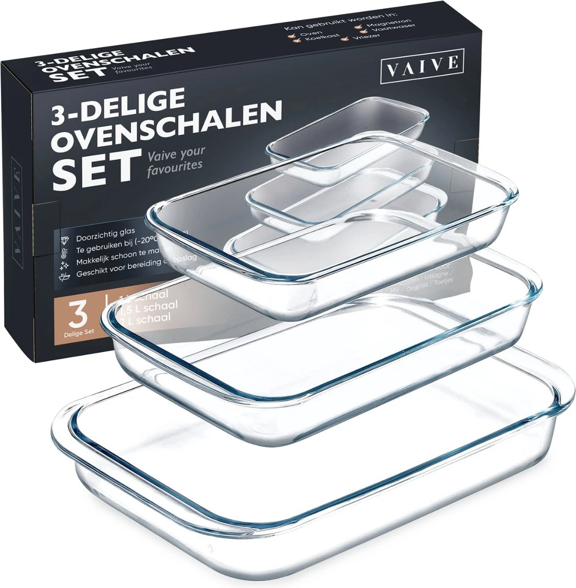 VAIVE 3-delige Ovenschaal Set - Rechthoekig - Glas 9 VAIVE 3-delige Ovenschaal Set - Rechthoekig - Glas - Afbeelding 7