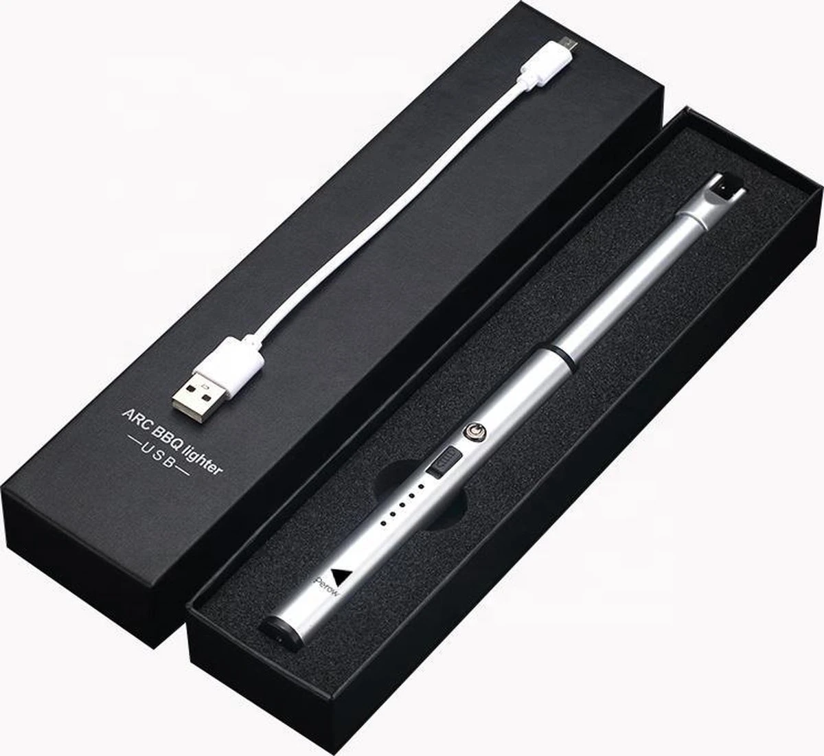 Oplaadbare Lange Dunne Elektrische Aansteker - Duurzame Plasma Aansteker - Inclusief Cadeauverpakking - BBQ – Kaarsen – Zilver 6 Oplaadbare Lange Dunne Elektrische Aansteker - Duurzame Plasma Aansteker - Inclusief Cadeauverpakking - BBQ – Kaarsen – Zilver - Afbeelding 4