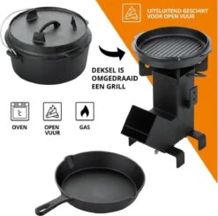 Dutch Mountains Gietijzeren Pannenset 7-delig - Dutch Oven – Braadpan - Grillpan - Hapjespan - Kookset In Houten Transportkist - Deksellifter - Brander -Keuken BBQ 1200x1185 2