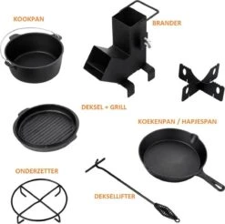 Dutch Mountains Gietijzeren Pannenset 7-delig - Dutch Oven – Braadpan - Grillpan - Hapjespan - Kookset In Houten Transportkist - Deksellifter - Brander -Keuken BBQ 1200x1197 11