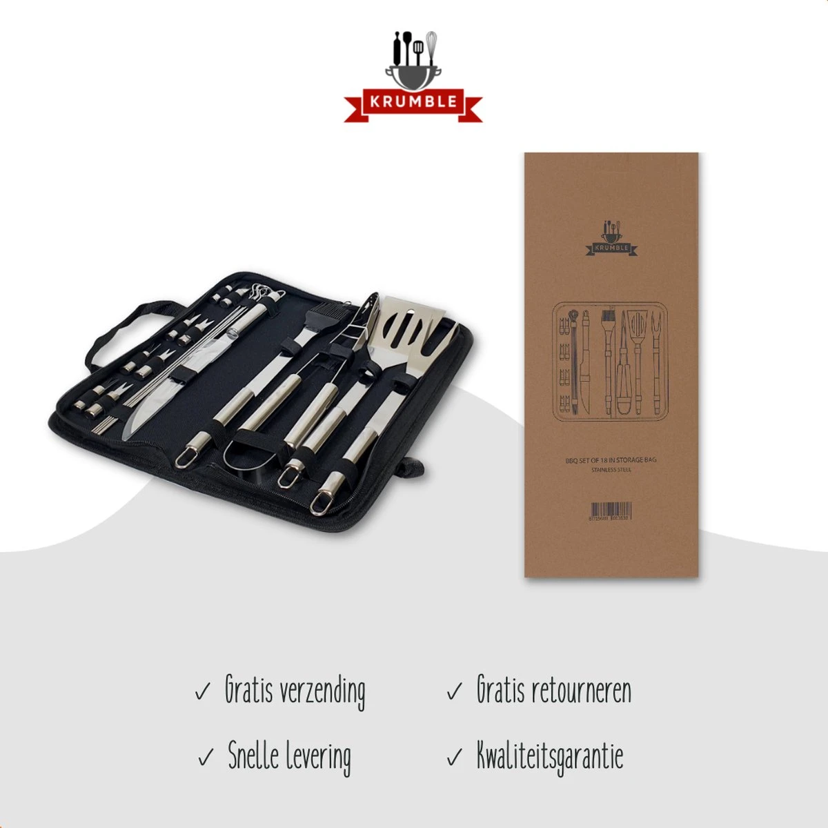 Krumble 18-delige Barbecue Set / Roestvrijstalen BBQ Set Van 18 / Inclusief Handige Opbergtas - RVS 8 Krumble 18-delige Barbecue Set / Roestvrijstalen BBQ Set Van 18 / Inclusief Handige Opbergtas - RVS - Afbeelding 6