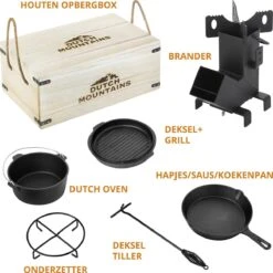 Dutch Mountains Gietijzeren Pannenset 7-delig - Dutch Oven – Braadpan - Grillpan - Hapjespan - Kookset In Houten Transportkist - Deksellifter - Brander -Keuken BBQ 1200x1200 744