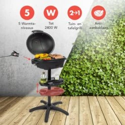 KitchenBrothers Elektrische BBQ - Met Grillplaat - Anti-aanbaklaag - Incl. Plank/Houders - Grilloppervlak 46,5x33,8cm - Tot 300°C - 2400W - Zwart -Keuken BBQ 1200x1200 81