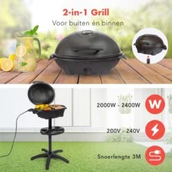 KitchenBrothers Elektrische BBQ - Met Grillplaat - Anti-aanbaklaag - Incl. Plank/Houders - Grilloppervlak 46,5x33,8cm - Tot 300°C - 2400W - Zwart -Keuken BBQ 1200x1200 84