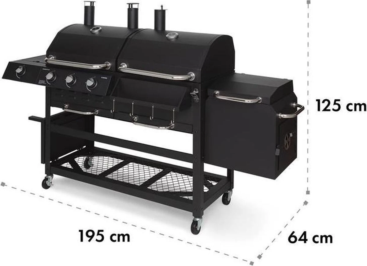 Klarstein Kingsville Double Barbecue - Houtskool- En Gasbarbecue - Smoker BBQ - Inclusief Deksels En Thermometer - Met 2 Roosters - Zwart 3 Klarstein Kingsville Double Barbecue - Houtskool- En Gasbarbecue - Smoker BBQ - Inclusief Deksels En Thermometer - Met 2 Roosters - Zwart